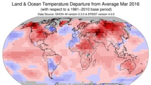 Anomalie temperature Marzo 2016 - Scarto dai valori medi